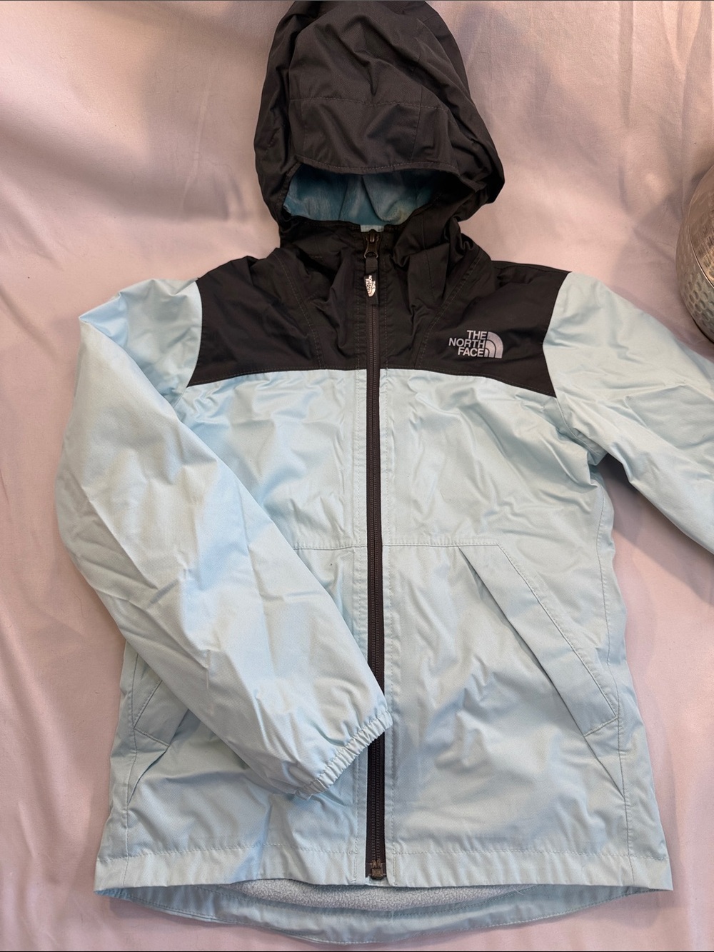 The North Face Kids Light Blue and Black Hooded Raincoat